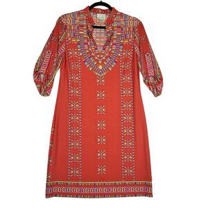 Donna Morgan Dress Women's 10 Red Multicolor Boho Roll Tab Sleeve Stretchy